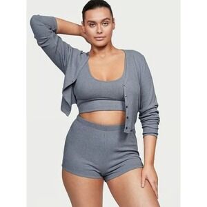 Victorias Secret Blue Storm 3-Piece Cozy Ribbed Knit Cardigan Top Shorts Set L